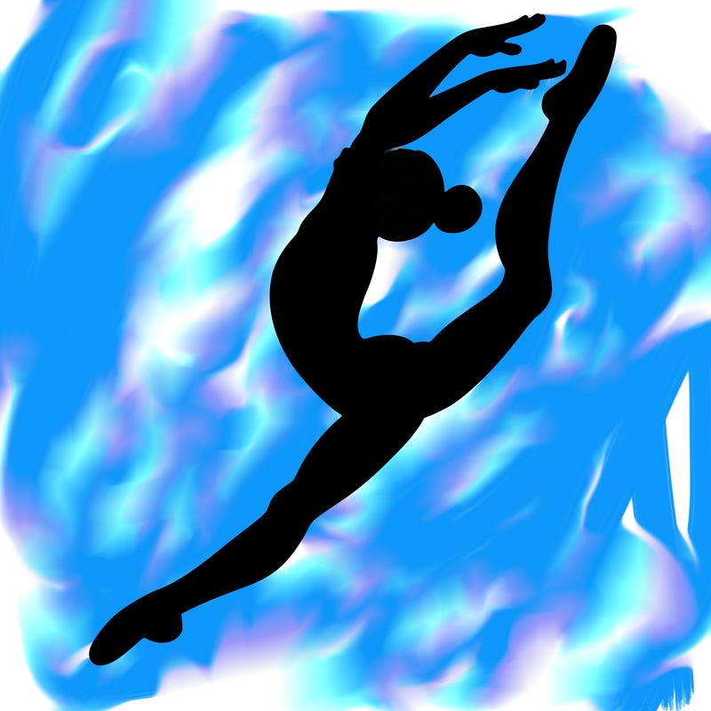 gymnast doing a leap in a leotard with a bent back leg
