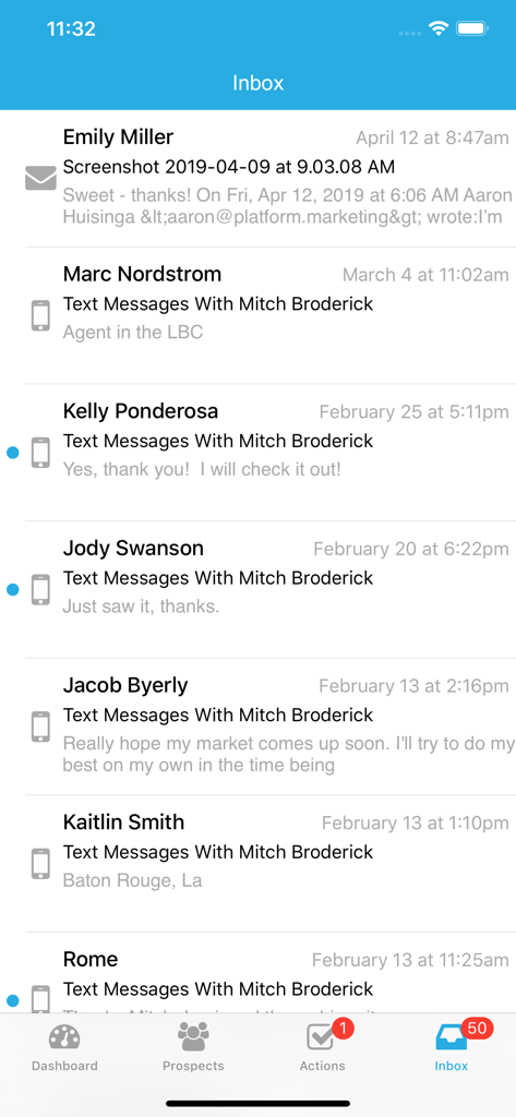Platform Marketing - The inbox interface of the Platform Marketing app displaying a list of text messages and emails from business prospects