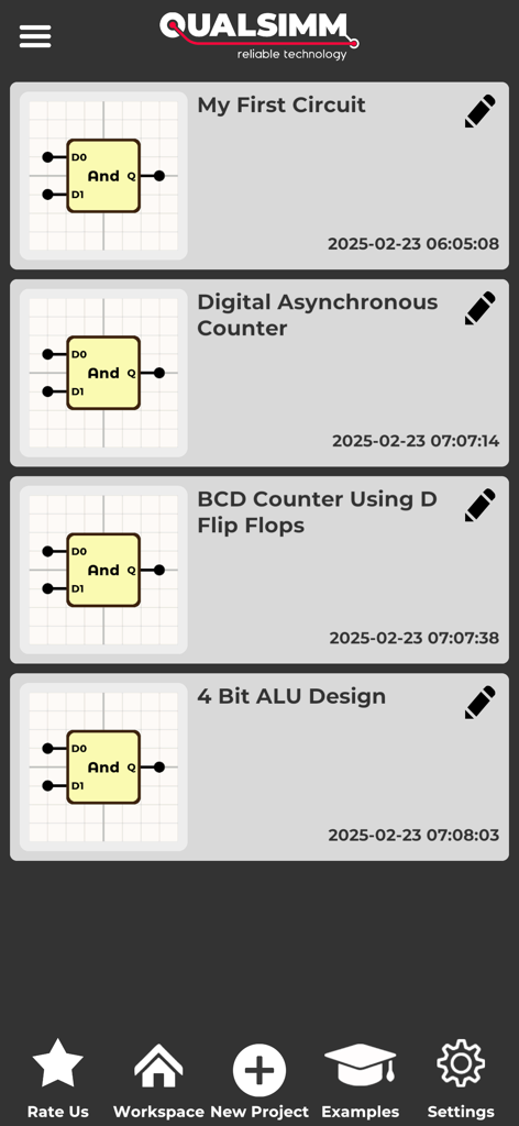 Logic Circuit Simulator Pro - Interfaccia di Logic Circuit Simulator Pro che mostra un elenco di progetti di circuiti digitali salvati come ALU e contatori