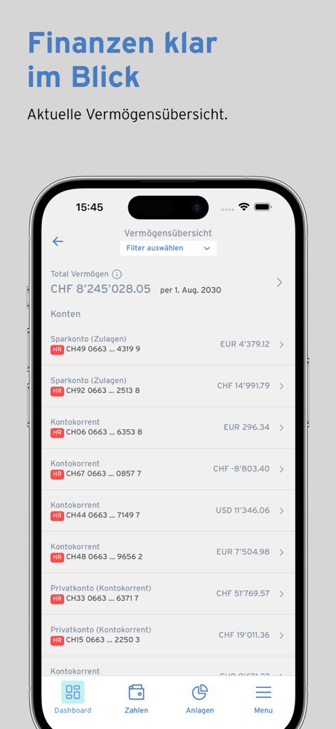 Sparkasse Banking - Um smartphone exibindo a tela de visão geral de ativos do aplicativo Sparkasse Banking com vários saldos de contas.