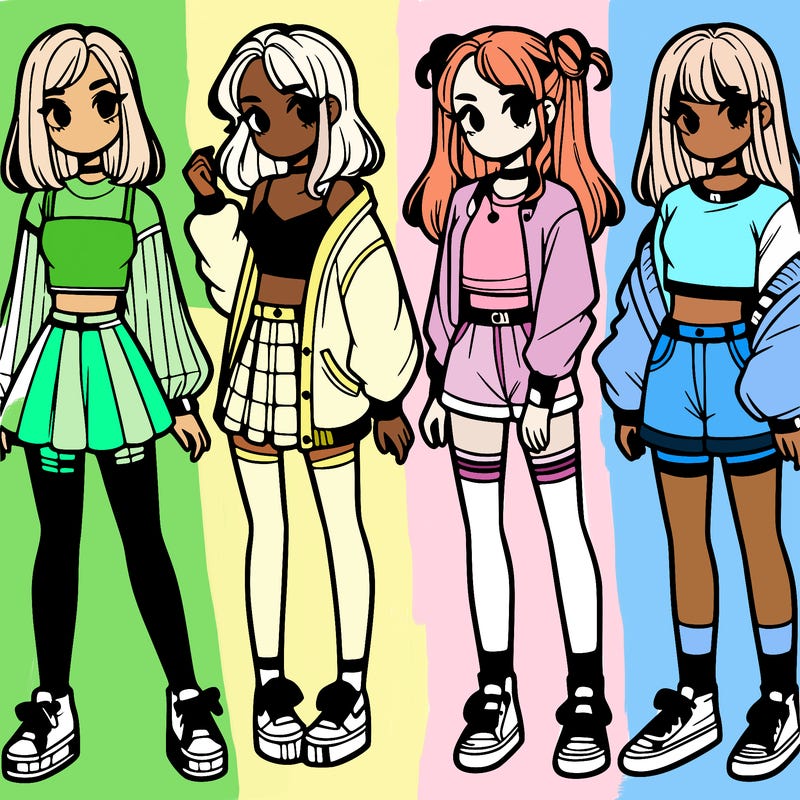 one girl with crop-top shirt and a jacket with a skirt, long socks and another girl with a shirt and pants with a jacket