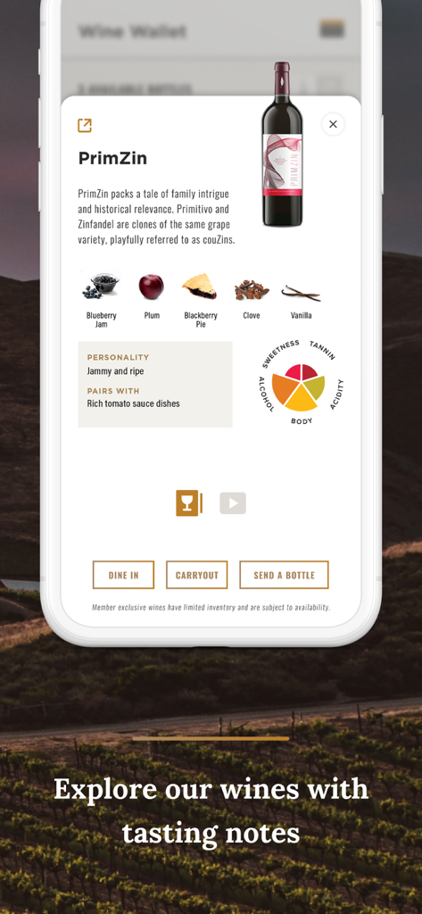 Cooper‘s Hawk - Schermata dell'app mobile Cooper's Hawk che mostra le note di degustazione del vino PrimZin, inclusi profili aromatici e abbinamenti gastronomici.