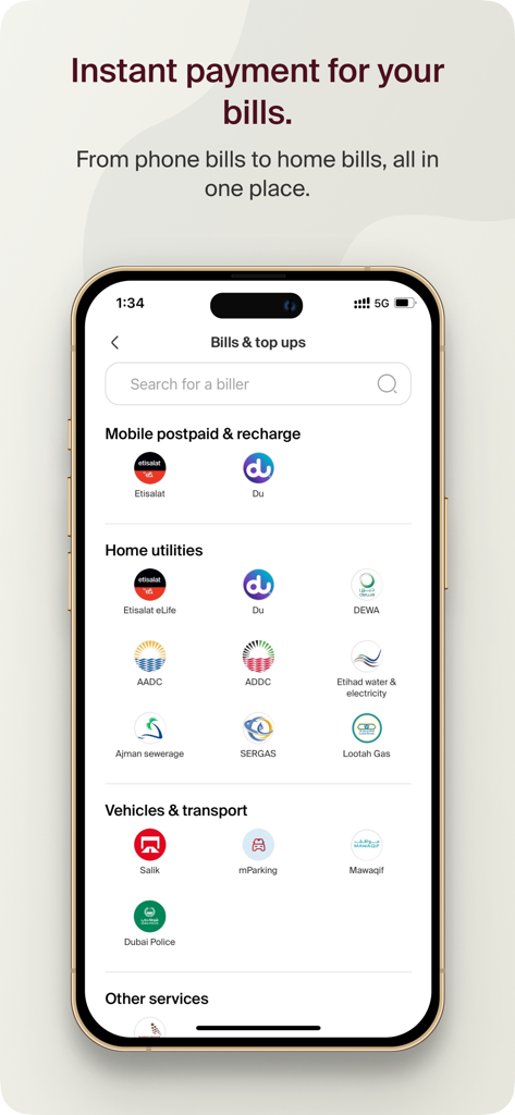 e and money UAE app screen showing bill payment and recharge options for utilities and transport