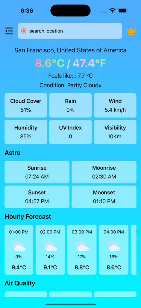 샌프란시스코 예보, 시간별 온도 업데이트 및 천문 데이터가 표시된 날씨 앱 대시보드