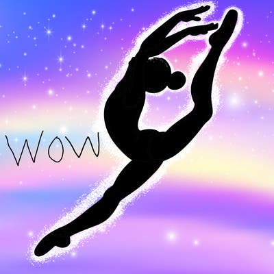 gymnast doing a leap in a leotard with a bent back leg