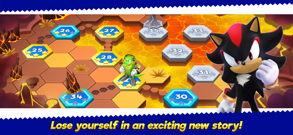 Sonic Runners Adventure - Sonic Runners Adventure level selection map featuring Shadow the Hedgehog and Vector the Crocodile in a volcanic setting