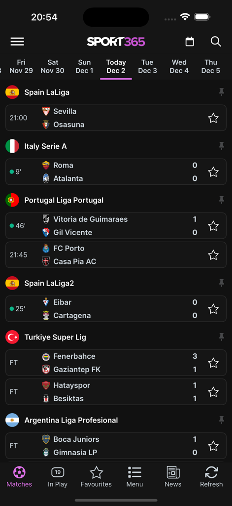 Screenshot of the Sport365 mobile app displaying live football scores and match schedules from international leagues in a dark theme interface.
