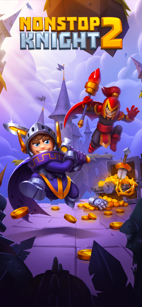 Nonstop Knight 2 - Action RPG - Promotional artwork for Nonstop Knight 2 featuring two heroic knights leaping into battle near a treasure chest of gold.