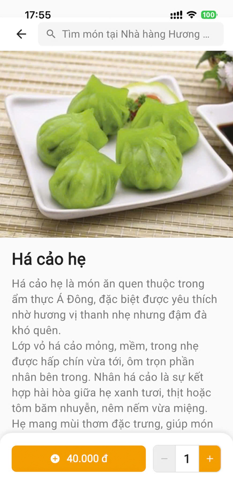 Alo Go - Đặt Food - Gọi Xế - Alo Go app interface showing a detailed view of green chive dumplings for food delivery.