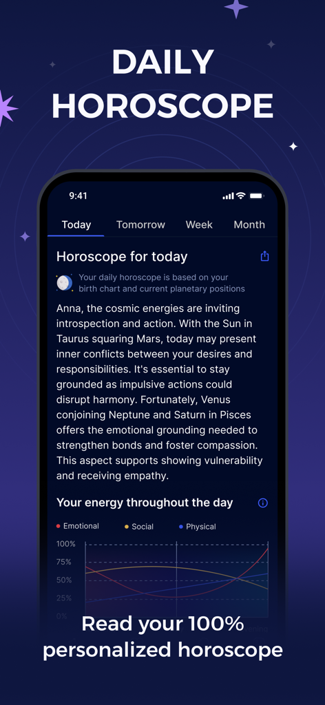 A mobile screen showing a personalized daily horoscope and energy levels chart from the Astro app
