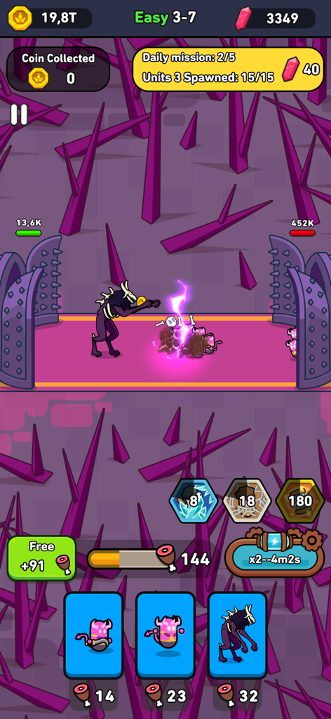 Eternal Empire: Warrior Eras - Combat screen from Eternal Empire Warrior Eras featuring skeletal units and summoning cards