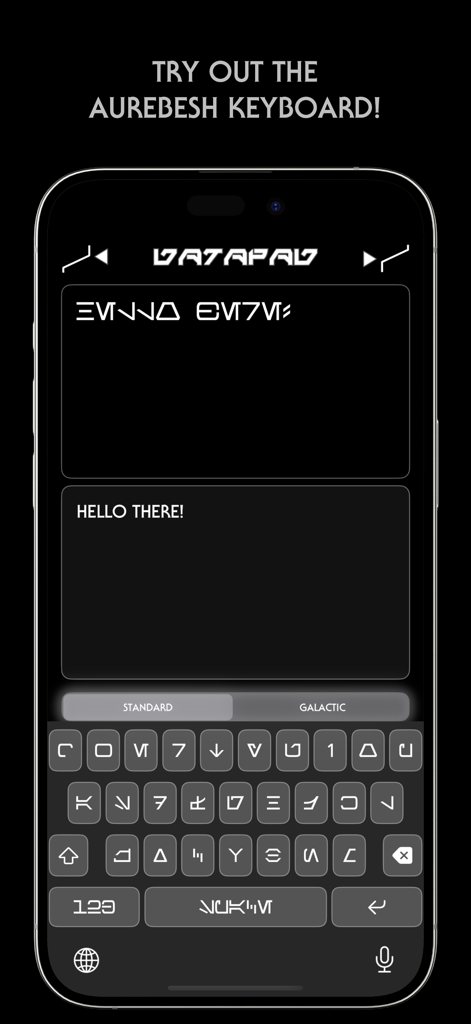 Interfaz móvil de la aplicación Datapad mostrando un teclado Aurebés personalizado y la traducción de Hola a todos a guion galáctico