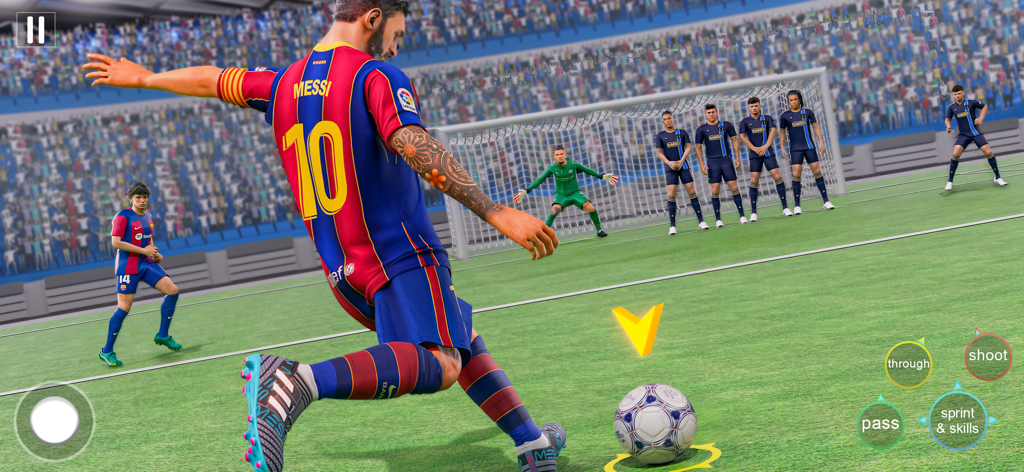 A soccer player prepares to take a free kick against a goalkeeper and defensive wall in a 3D stadium environment.