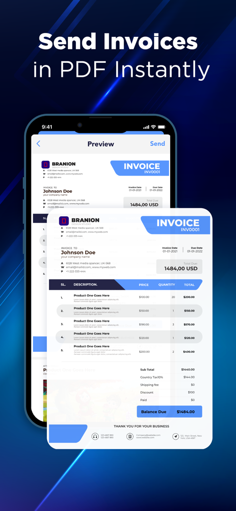 Simple Invoice & Receipt Maker - Plantilla de factura profesional en PDF mostrada en la pantalla de un teléfono móvil