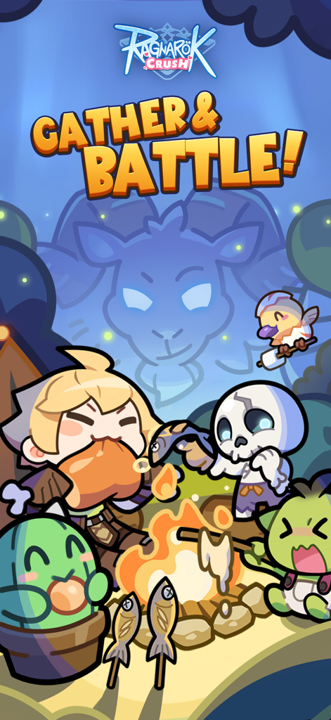 Ragnarok Crush: Match & Merge - Chibi heroes and monsters from Ragnarok Crush gathering around a campfire