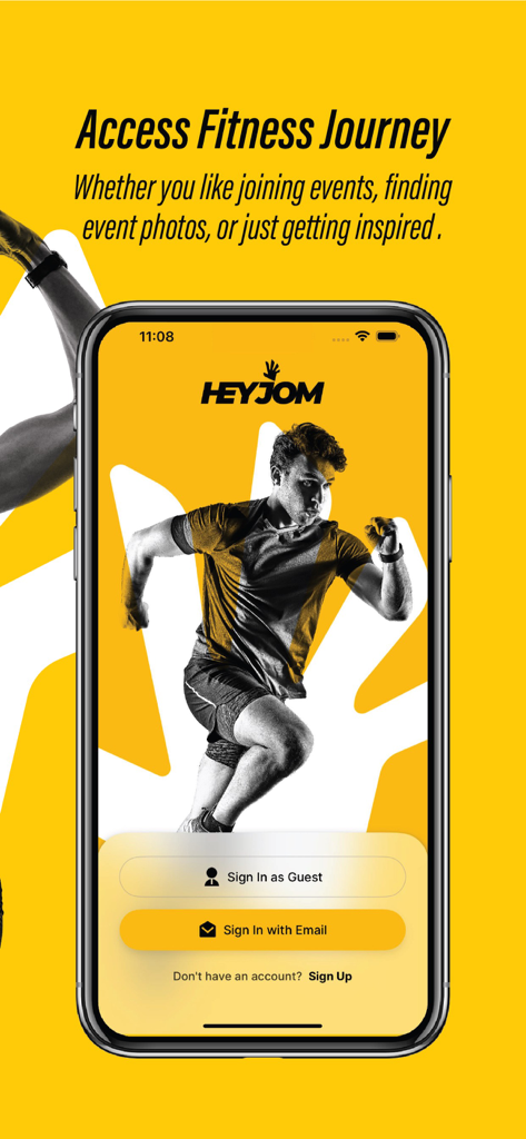 HeyJom - HeyJomアプリのウェルカム画面にランナーとフィットネスジャーニーにアクセスするためのサインインオプションが表示される