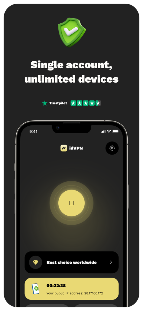 idVPN: VPN Secure Unlimited - Captura de pantalla de la aplicación idVPN que muestra la función de cuentas ilimitadas para múltiples dispositivos y una alta calificación de usuario