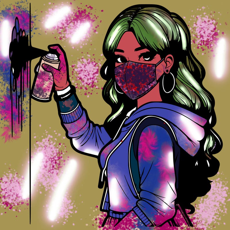 realistic girl with mask spray painting a wall