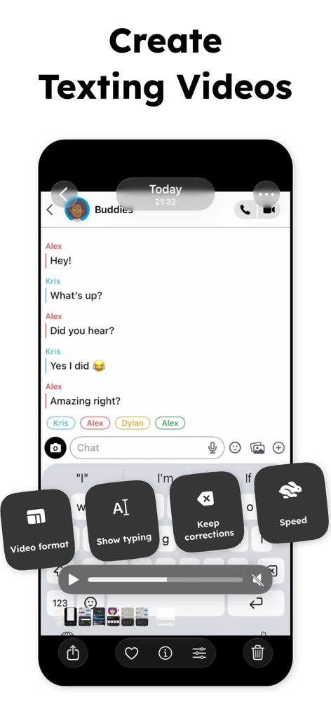TextingStory Chat Story Maker - Interface of TextingStory app showing options to create texting videos with settings for video format and speed