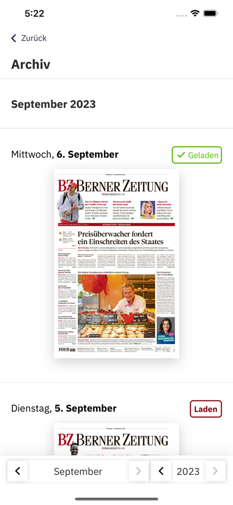Vue de l'archive numérique de l'application e-paper Berner Zeitung montrant les éditions passées du journal