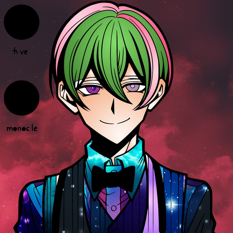 anime style 1920’s man, thin face, eerily smiling, vest, bow tie, with a small monocle and a thin line mustache
