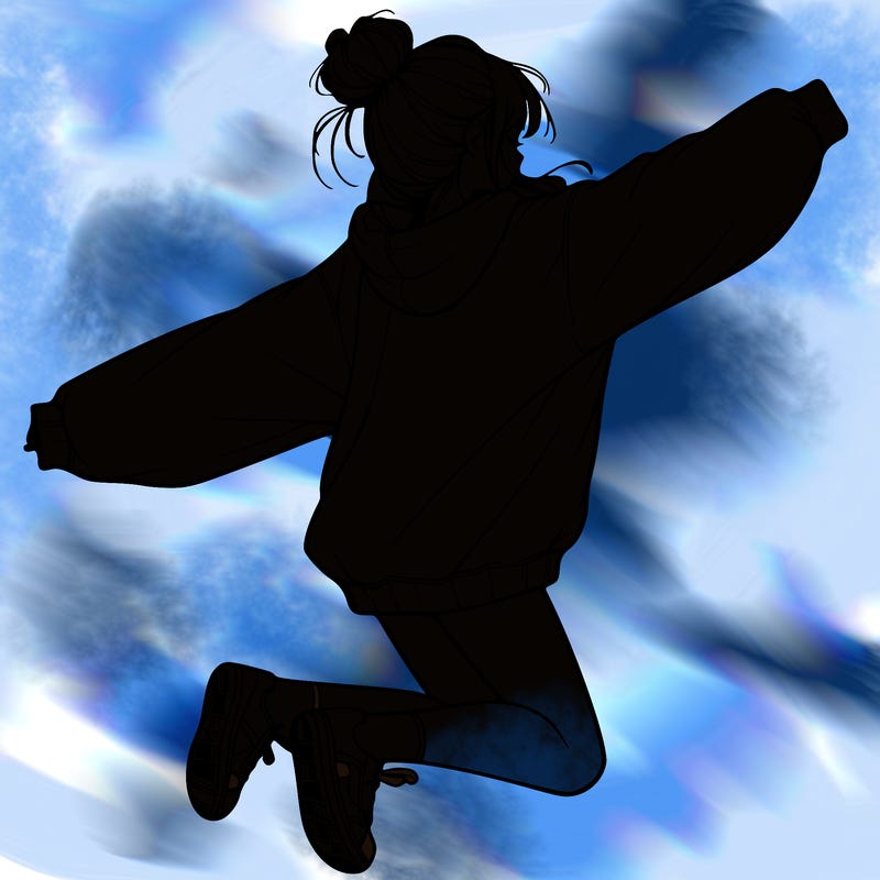 realistic girl jumping with a bun and oversized sweatshirt