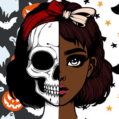 realistic girl with half skull mask