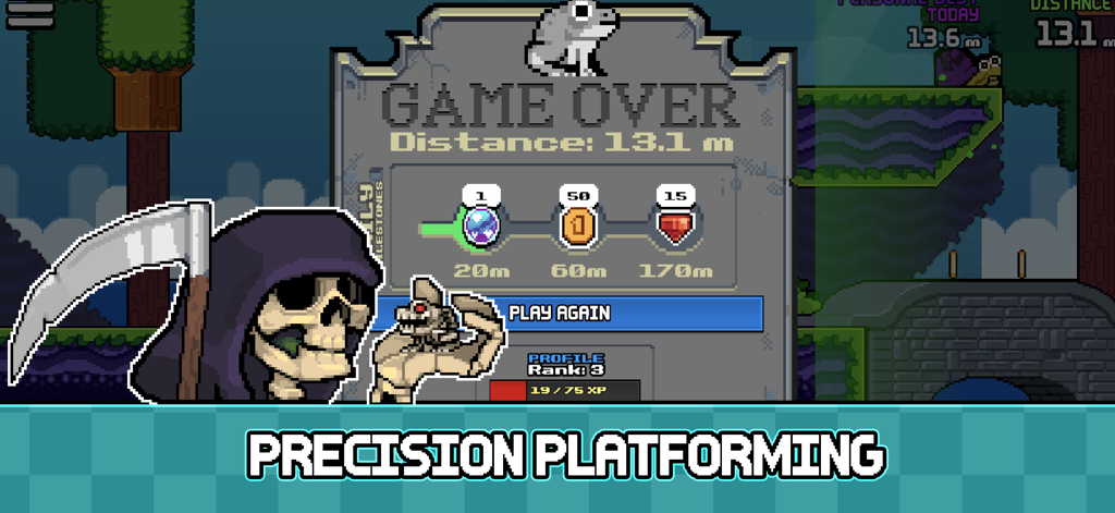 Pantalla de fin de juego de Samago que muestra la distancia alcanzada y el progreso de los hitos diarios