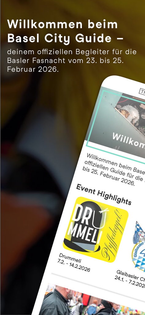 Basel City Guide - Basel City Guide app welcome screen showing Basel Carnival event highlights