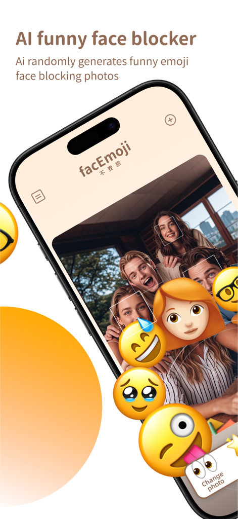 facEmoji -fun photo - Interfaz de la app facEmoji reemplazando caras en una foto grupal con emojis divertidos usando IA
