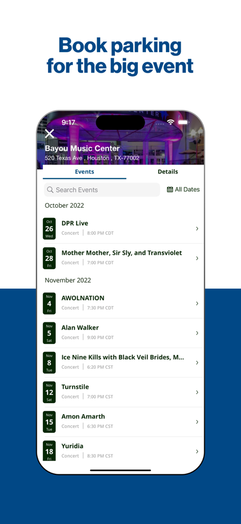 ParkHouston app interface displaying a list of upcoming events at Bayou Music Center for parking reservations