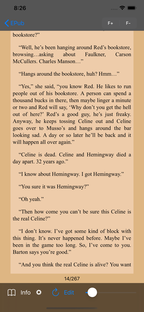 Lettura di un documento EPUB in DjVu Reader con sfondo seppia e controlli di navigazione