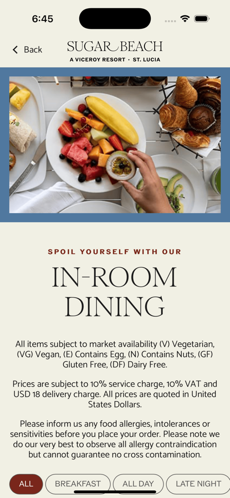 Viceroy Hotels - 럭셔리한 열대 아침 식사가 포함된 Sugar Beach 리조트의 객실 내 다이닝을 위한 Viceroy Hotels 앱 화면