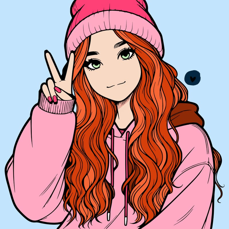 a teenage girl in a beanie, oversized sweatshirt, wavy long hair, and is showing a ✌️