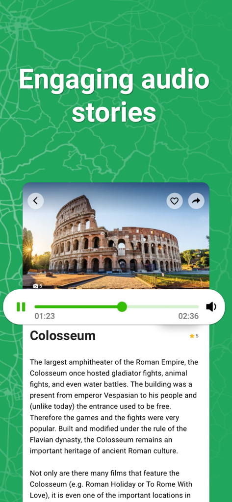 SmartGuide travel guide & map - SmartGuide app interface showing an engaging audio story for the Colosseum in Rome