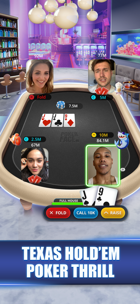 Group video chat poker game with real players at a virtual Texas Holdem table