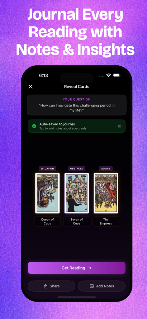 TarotLingo mobile app interface for journaling tarot readings with card interpretations