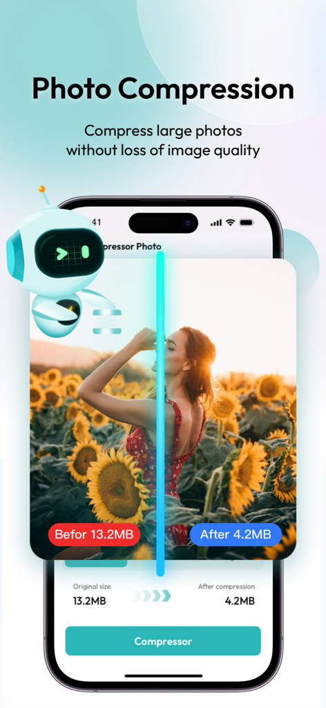 写真圧縮機能のインターフェース。写真のサイズを13.2MBから4.2MBに縮小してストレージ容量を節約している様子が表示されている。