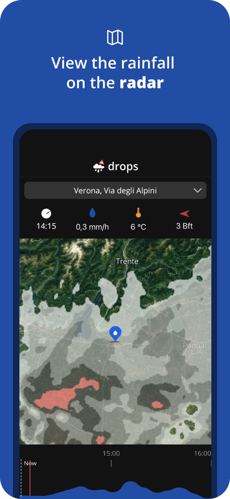 Carte radar des précipitations dans l'application météo Drops affichant les données météorologiques et les précipitations locales