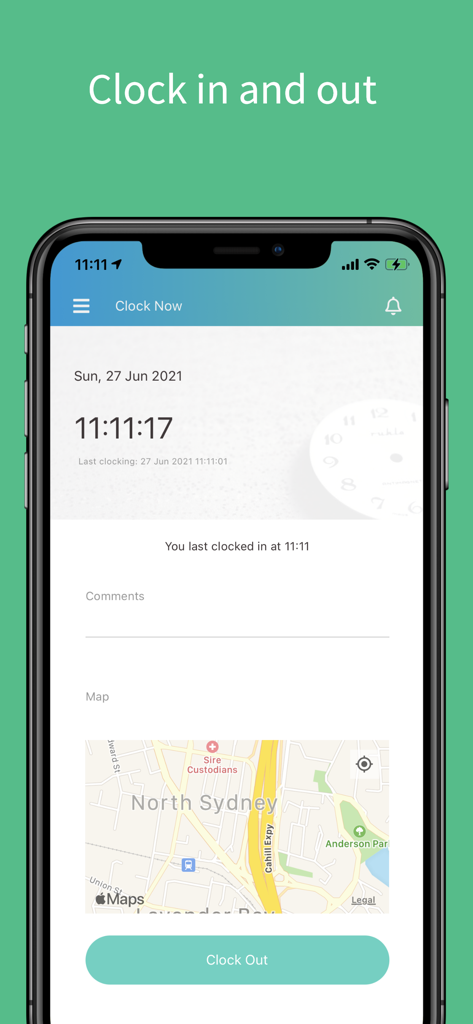 Mobile interface of the EmpLive app showing the clock in and out feature with location tracking
