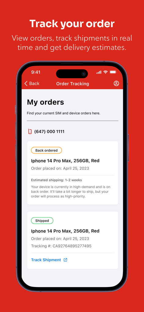 Screenshot della schermata di monitoraggio degli ordini dell'app MyRogers che mostra lo stato e i dettagli di spedizione per i dispositivi mobili