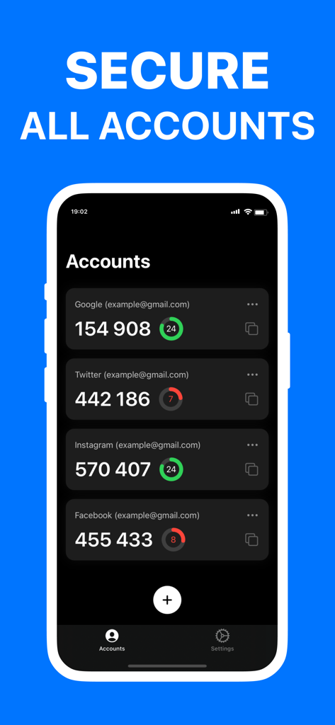 iPhone screen displaying the authenticator app with 2FA codes for Google Twitter Instagram and Facebook accounts under a Secure All Accounts headline.