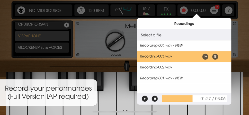 Mellowsound - Menu de gravação no aplicativo Mellowsound exibindo uma lista de arquivos de áudio salvos