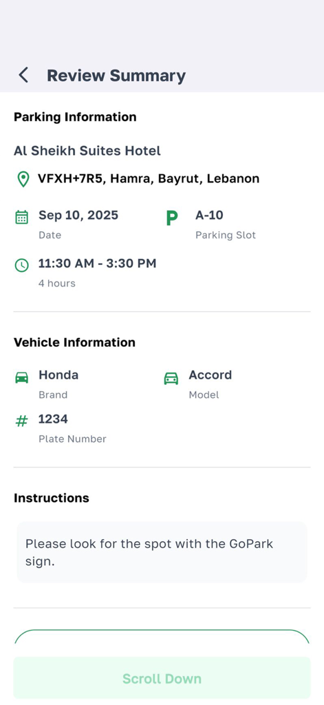 Gopark App - Review summary screen in the Gopark app displaying parking details for a hotel reservation and vehicle information