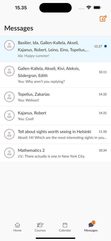 La interfaz de mensajería de la nueva aplicación itslearning que muestra una lista de conversaciones entre estudiantes y profesores.