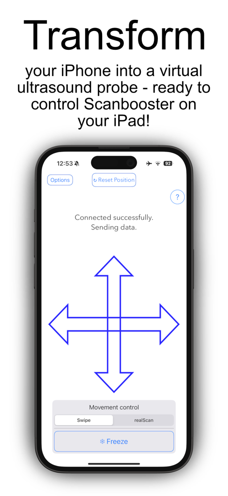 Scanbooster Control sonography - Scanbooster Control app interface showing directional arrows and movement control for a virtual ultrasound probe on an iPhone