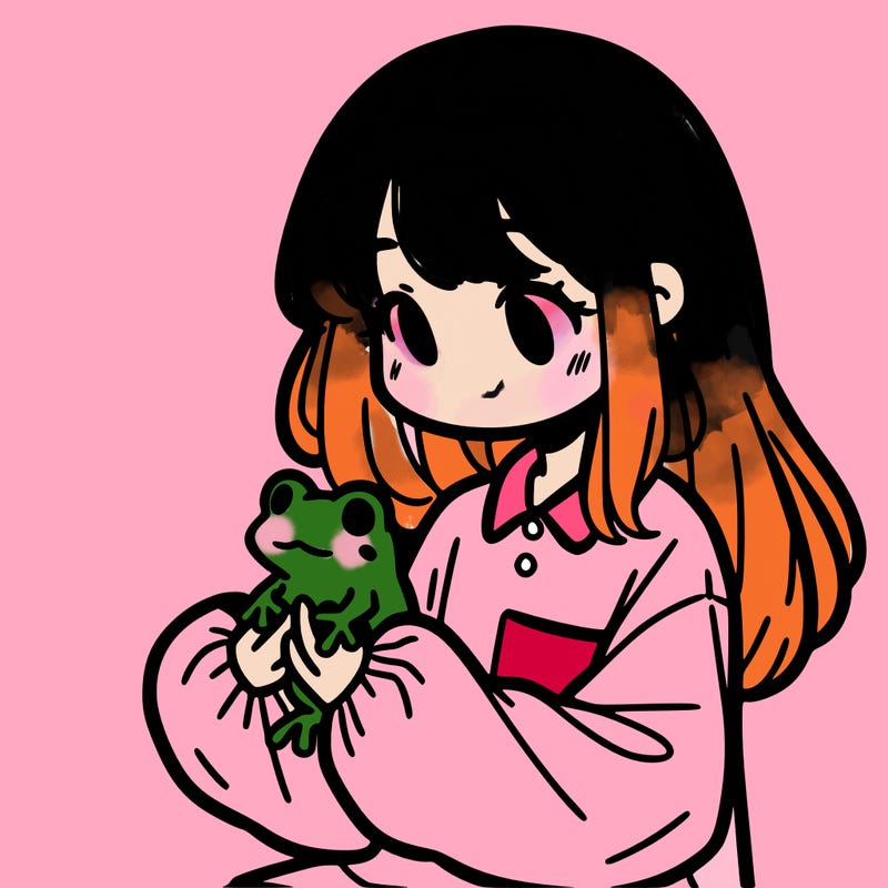 girl with long hair and a oversized shirt. and she is holding a frog
