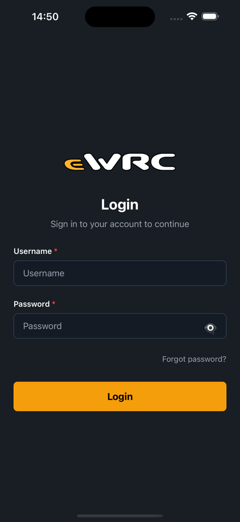 eWRC results - eWRC results app login screen with fields for username and password