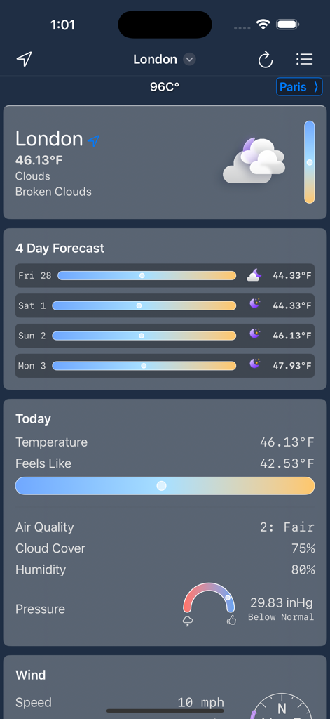 96C° - 96C weather app interface displaying current conditions and four day forecast for London