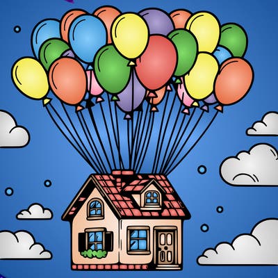 house floating from lots of balloons